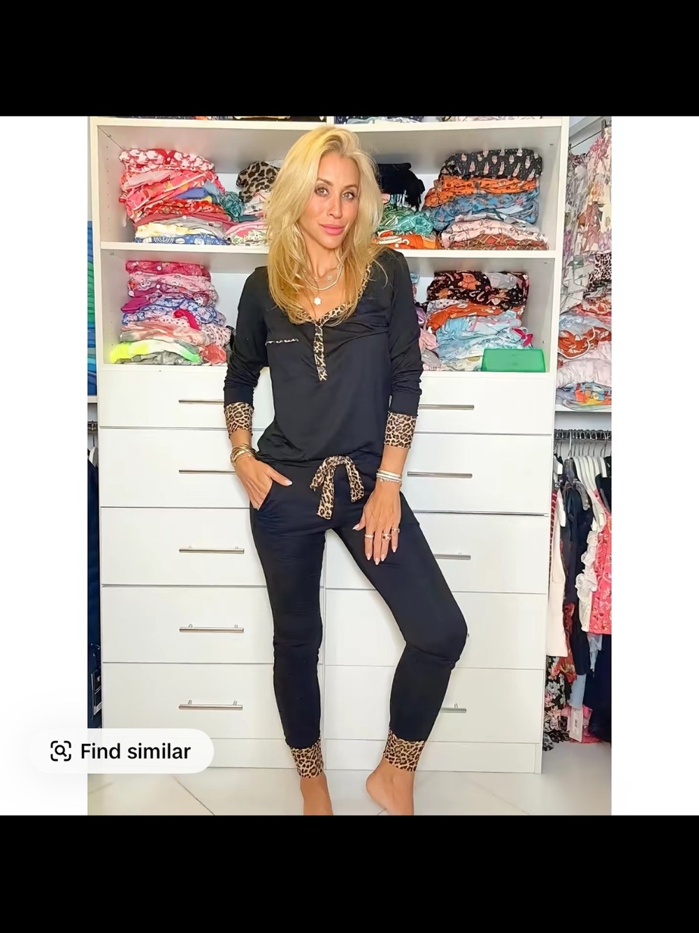Black Leopard Trim Jogger PJ Set with letter M Embroidered on Front Pocket